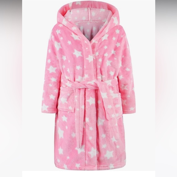 Other - Girl hooded tie bath robe light pink stars soft warm fleece size 120 size 4T / 5